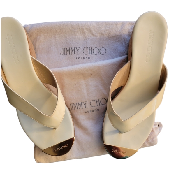 Jimmy Choo Shoes - JIMMY CHOO | "122 PATHOS" IVORY PATENT LEATHER WEDGE SANDALS